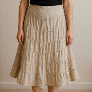 Vintage Y2K DKNY Jeans Beige Tiered Cotton Skirt | Boho Midi Skirt Size 8